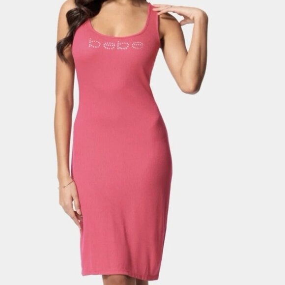 bebe Dresses & Skirts - Bebe Rhinestone Logo Hot Pink Fitted Stretchy Dress Large